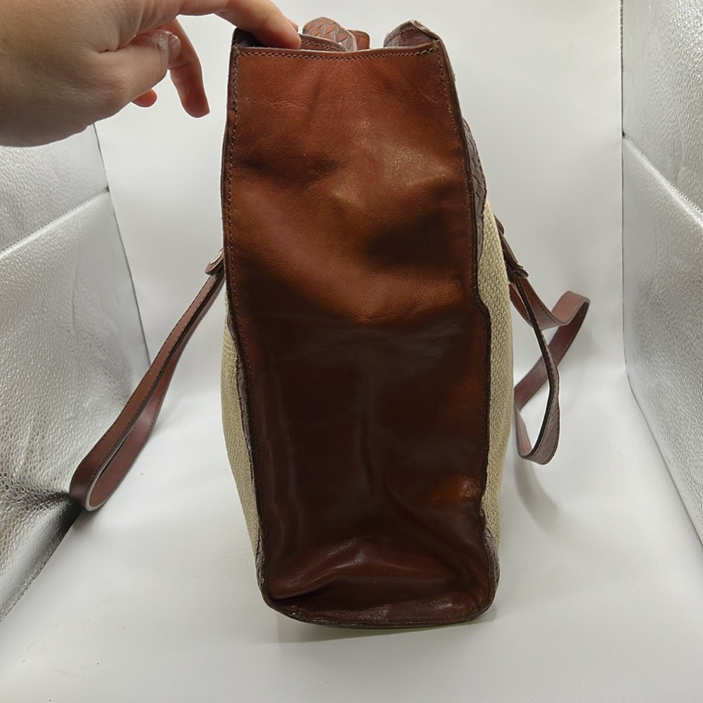 Brahmin Beige Woven Tote with Brown Leather Trim - Picture 2 of 16